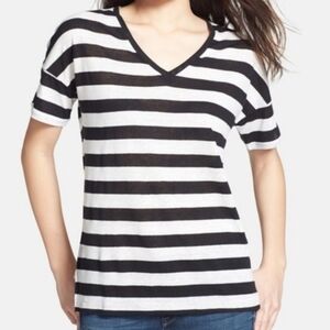 NYDJ Linen Blend stripe V-neck t-shirt black white L